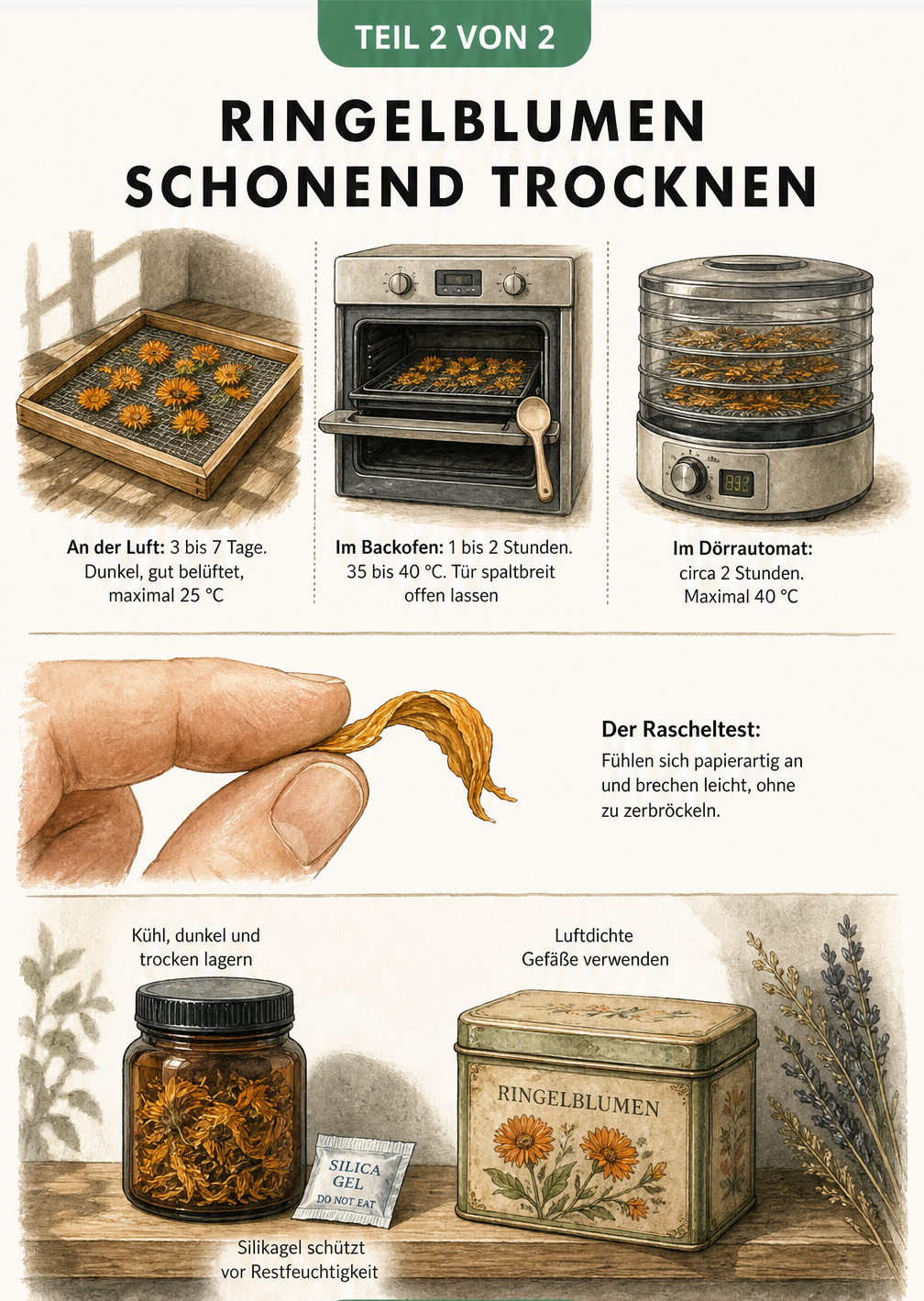 Übersicht der Trocknungsmethoden für Ringelblumen: Lufttrocknung, Backofen und Dörrautomat im Vergleich, inklusive Rascheltest und Lagerung.