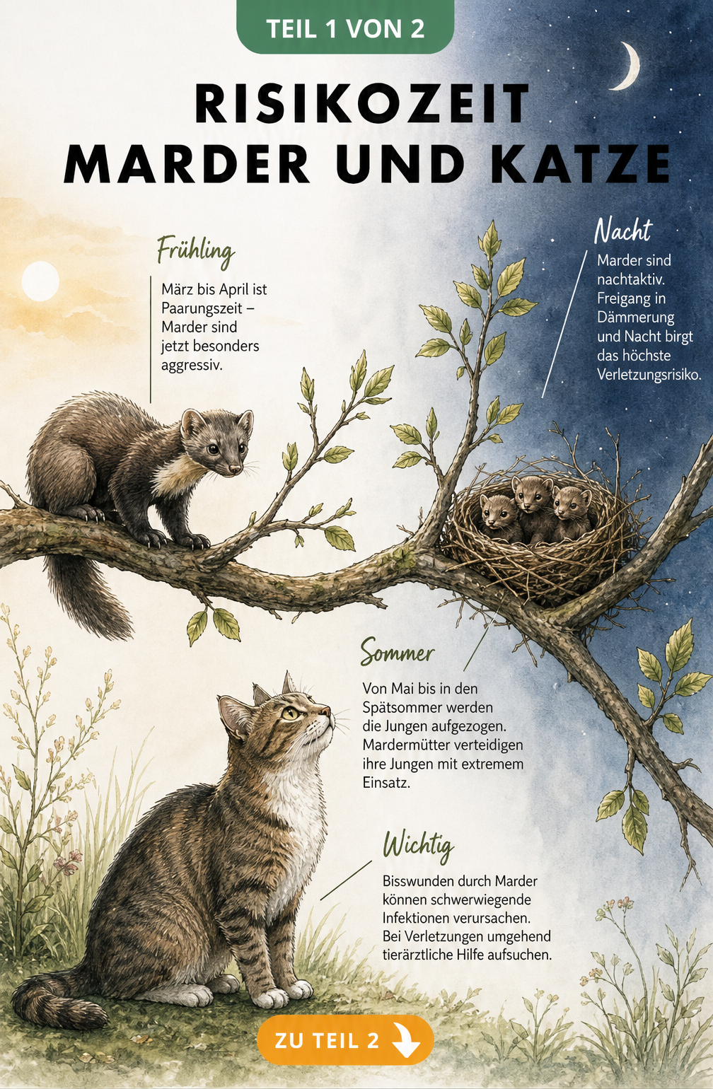Zeitleiste der Risikozeiten für Begegnungen zwischen Marder und Katze im Frühling und Sommer
