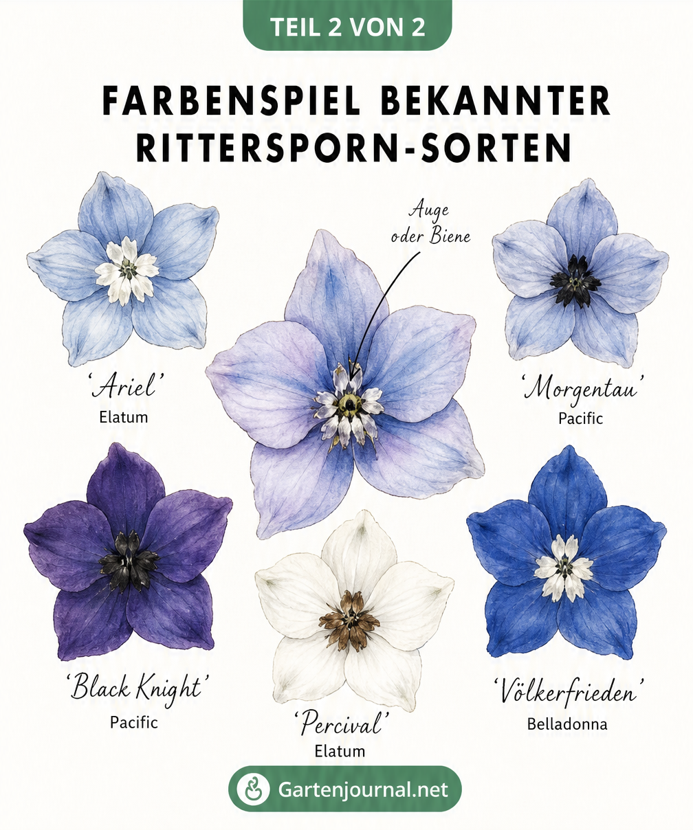 Aquarellierte Darstellung von fünf Rittersporn-Blüten mit unterschiedlichen Farben und Augen