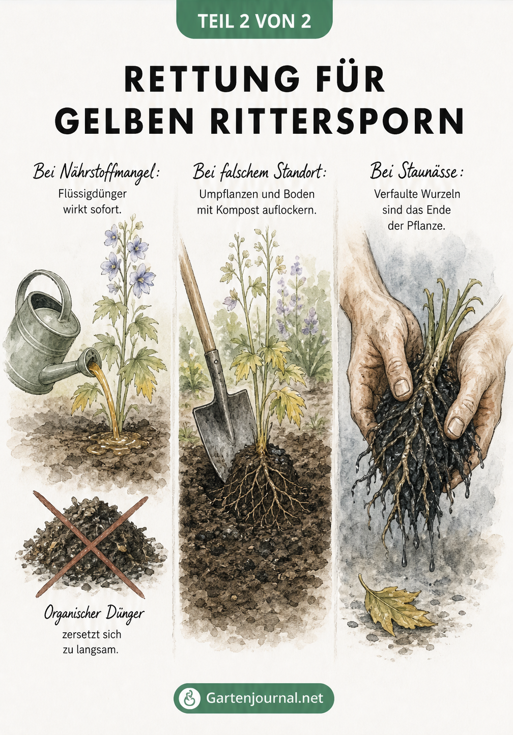 Aquarell-Illustrationen zur Rettung von Rittersporn: Flüssigdünger bei Nährstoffmangel, Umpflanzen bei falschem Standort und verfaulte Wurzeln bei Staunässe.