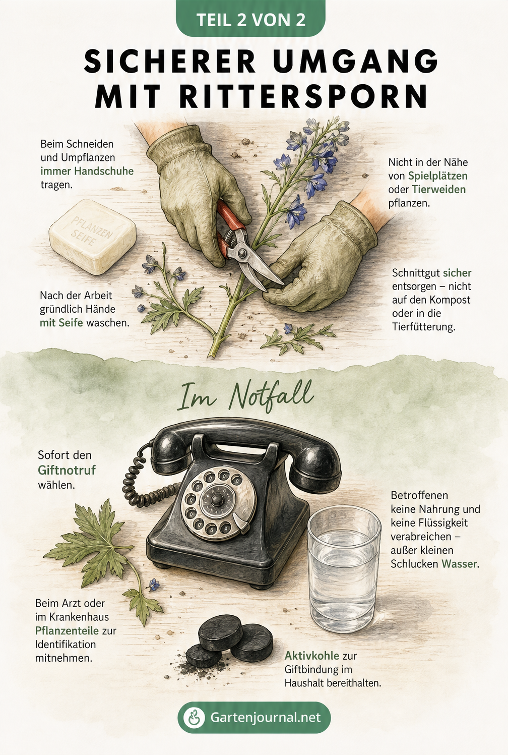 Illustration von Gartenhandschuhen, Gartenschere und Seife sowie Notfallmaßnahmen wie Giftnotruf und Aktivkohle bei einer Ritterspornvergiftung.