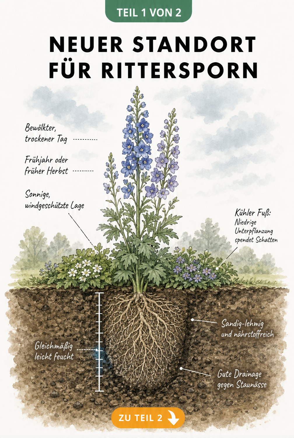 Querschnitt durch ein Gartenbeet mit Rittersporn, der ideale Standortbedingungen wie sandig-lehmigen Boden und niedrige Unterpflanzung zeigt.
