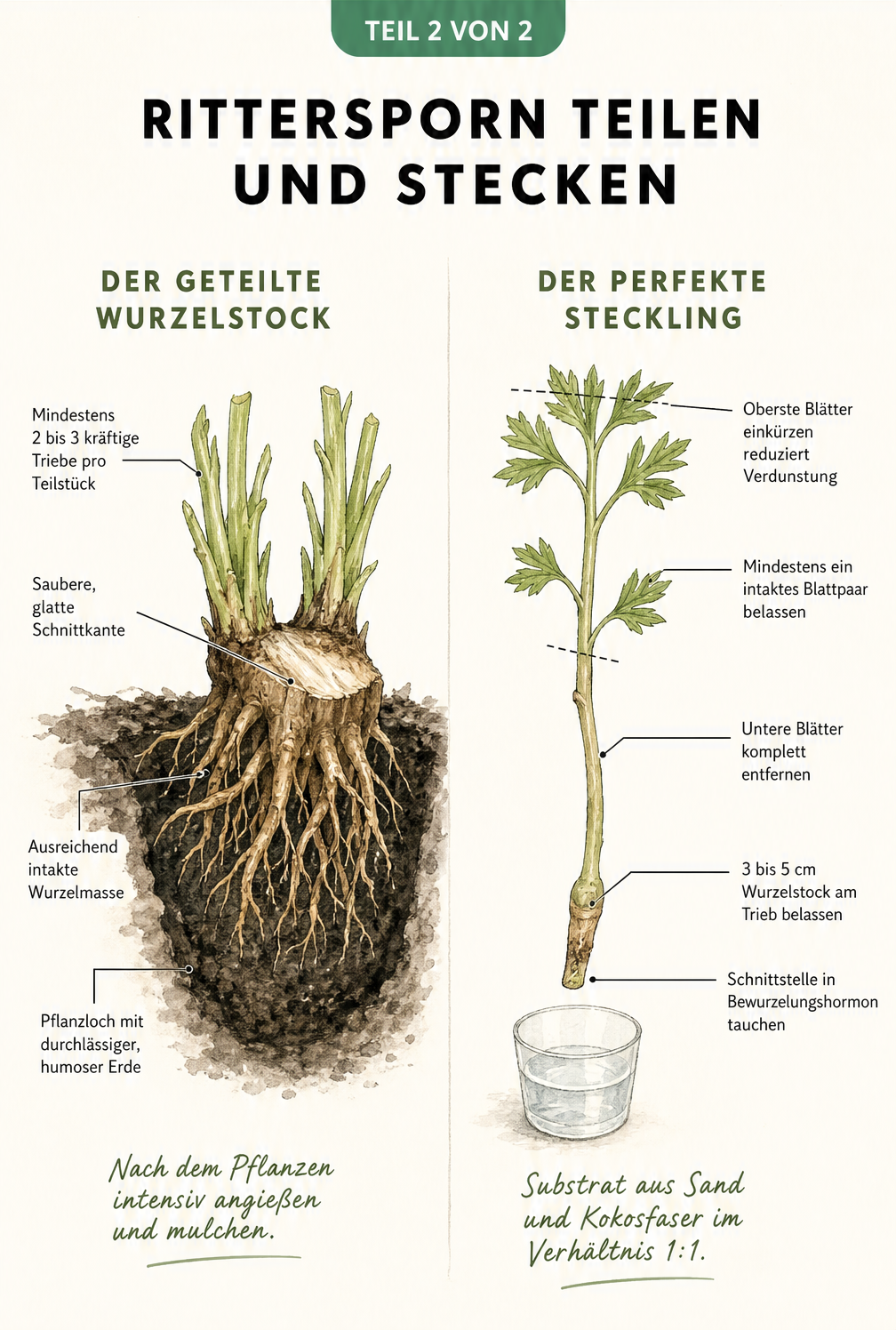 Detaillierte botanische Zeichnung zur Vorbereitung von Rittersporn-Teilstücken und Stecklingen mit Hinweisen zu Schnittkanten und Blattentfernung.