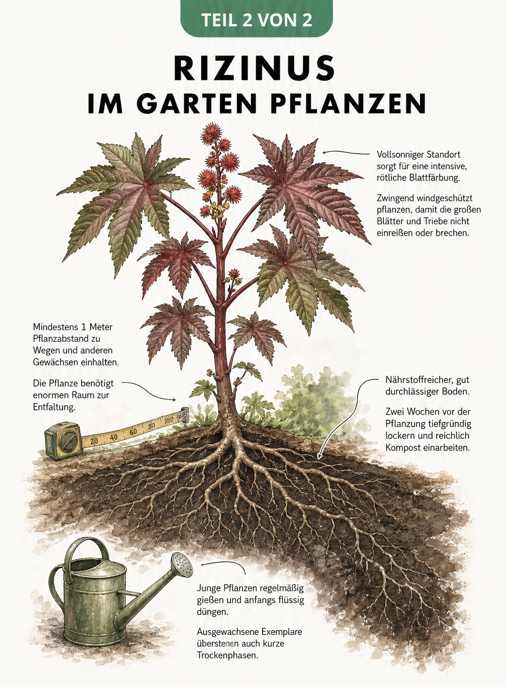 Illustration einer ausgewachsenen Rizinuspflanze mit rötlichen Blättern und tiefem Wurzelsystem, umgeben von Pflanz- und Pflegetipps.