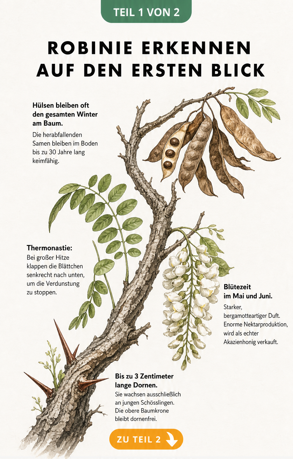 Botanische Illustration der Robinie mit Ast, Dornen, Blättern, Blüten und Samenhülsen