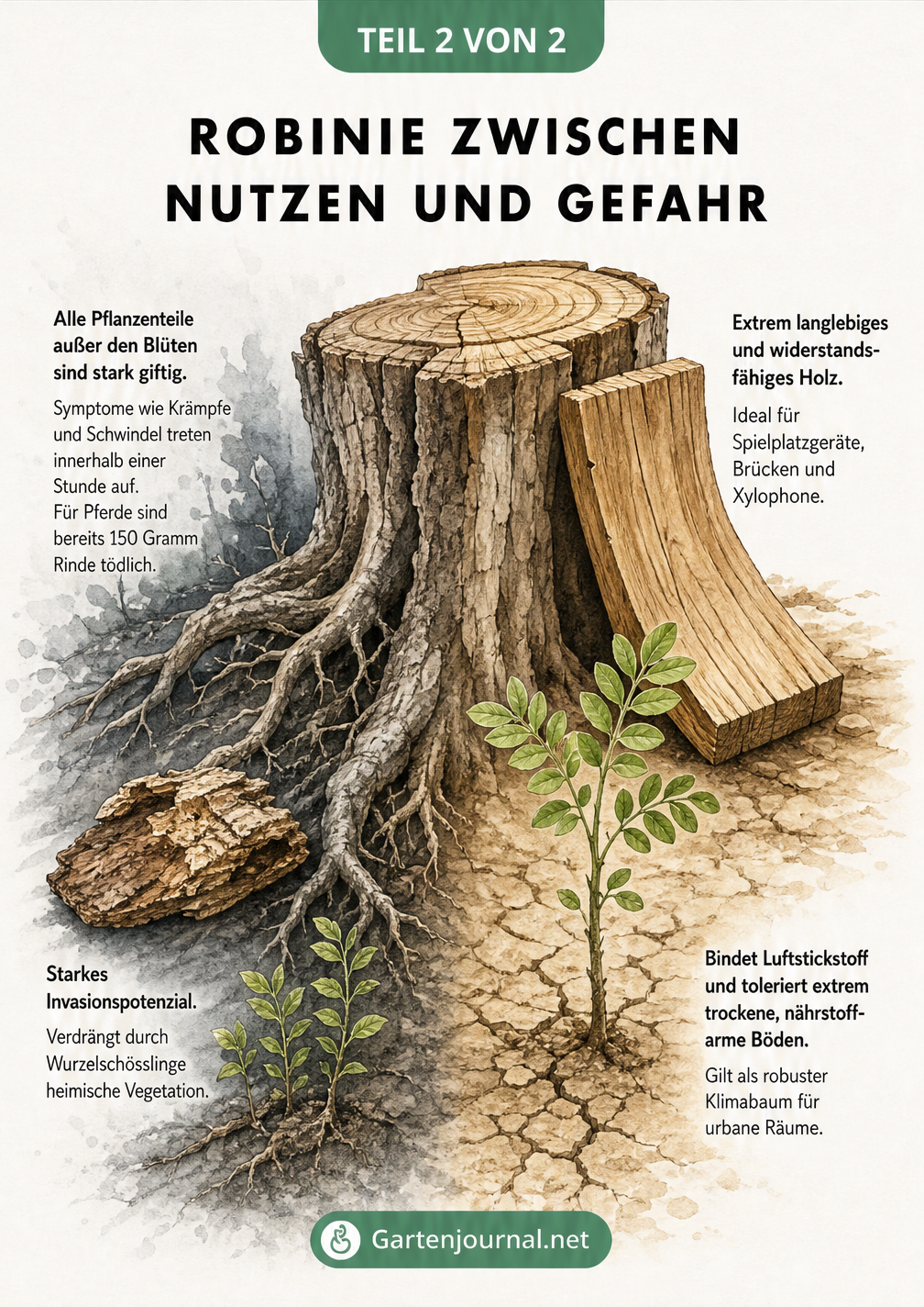 Illustration eines Robinien-Baumstumpfs, der die giftigen Eigenschaften und den Nutzen des Holzes gegenüberstellt