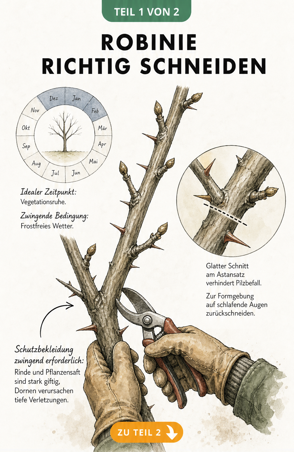 Illustration eines Robinienastes mit Dornen und schlafenden Augen, dazu ein Jahreskreis, der den idealen Schnittzeitpunkt im Winter markiert.