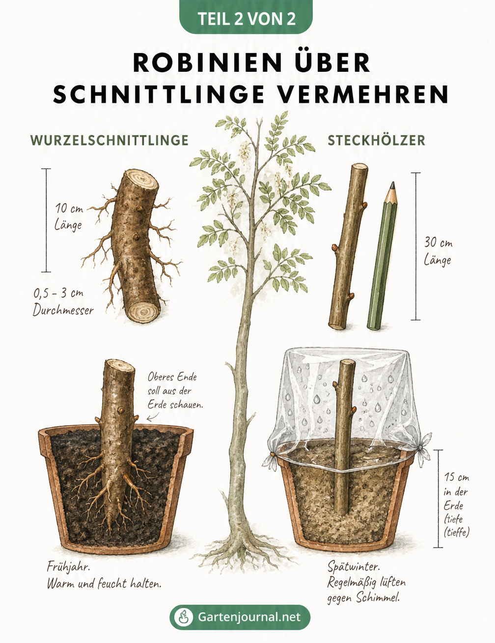 Gegenüberstellung der vegetativen Vermehrung von Robinien: Wurzelschnittlinge im Frühjahr und Steckhölzer im Spätwinter im Querschnitt.