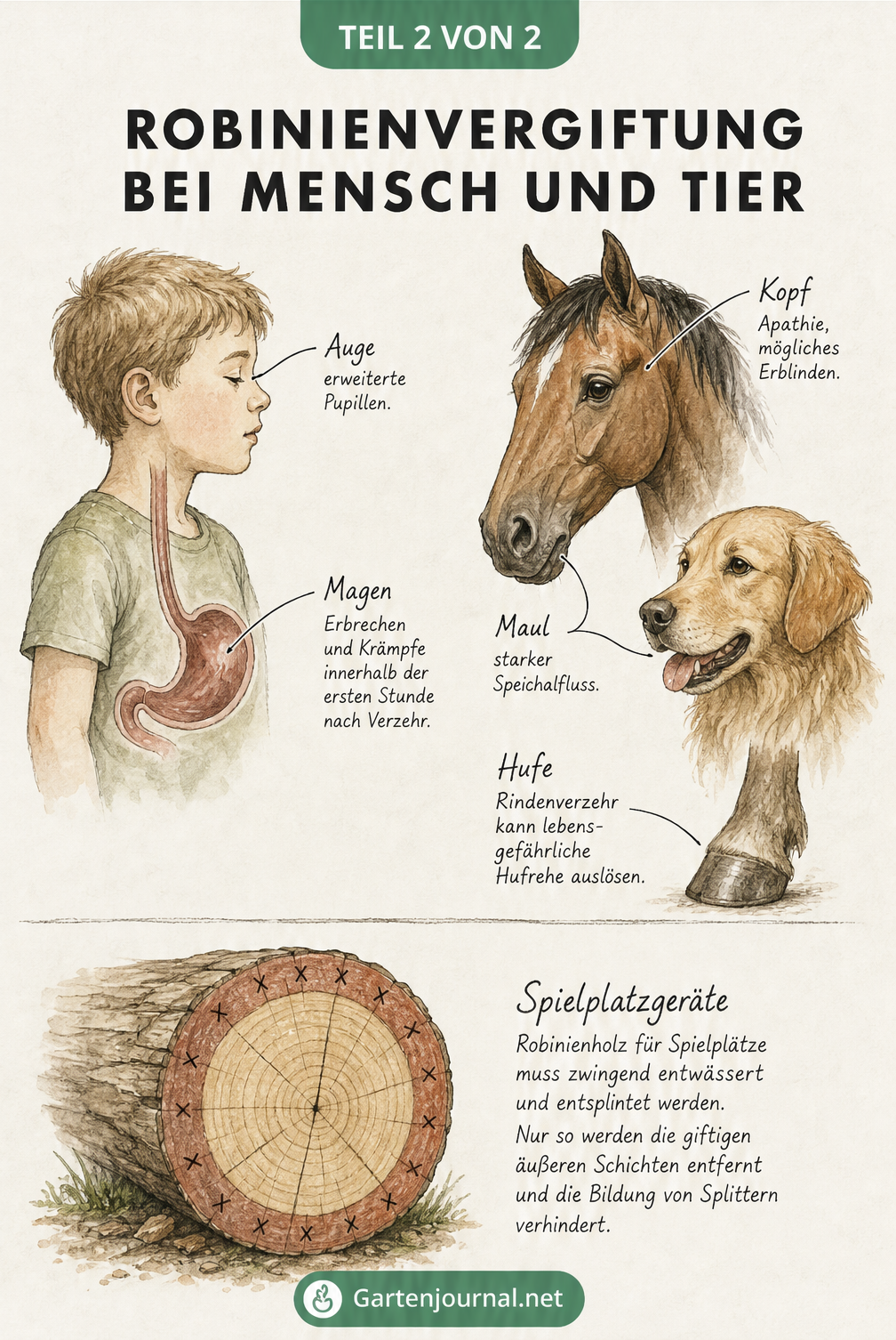 Medizinisch-botanische Skizze zu Vergiftungssymptomen bei Kind, Pferd und Hund durch Robinie sowie Querschnitt eines Robinienstamms