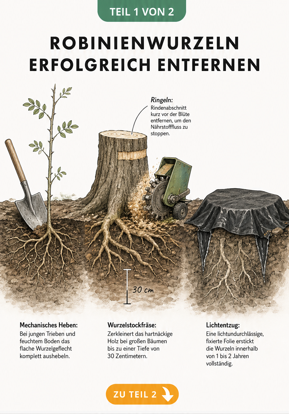 Illustration von drei Methoden zur Entfernung von Robinienwurzeln: Mechanisches Heben mit Spaten, Einsatz einer Wurzelstockfräse und Lichtentzug durch Folie.