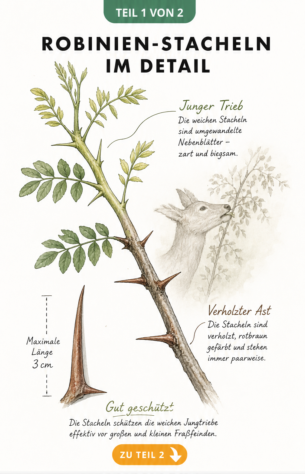 Botanische Illustration eines Robinienzweigs, die den Übergang von weichen, grünen Jungtrieben zu verholzten, rotbraunen Dornen zeigt.
