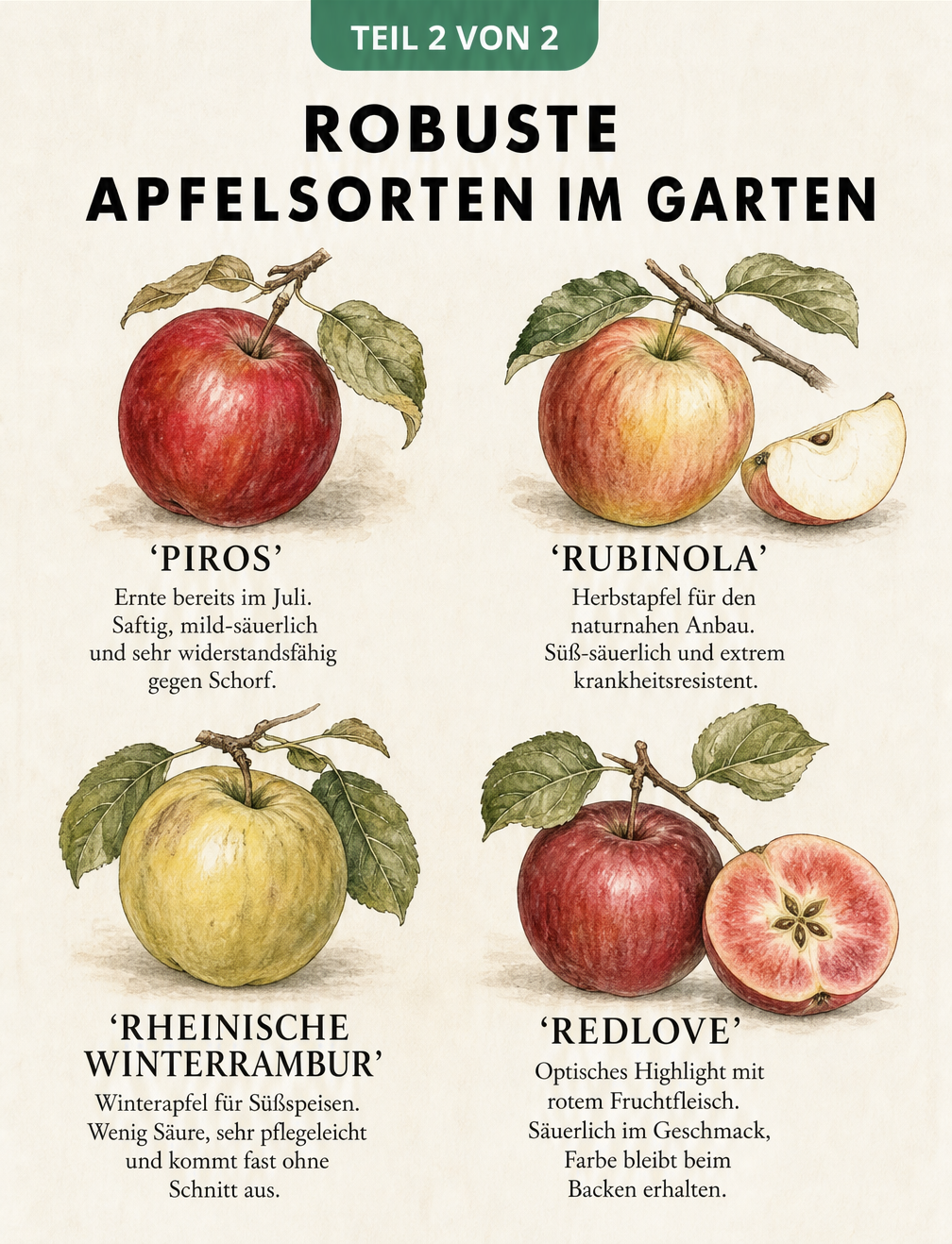 Botanische Illustration von vier robusten Apfelsorten: Piros, Rubinola, Rheinischer Winterrambur und Redlove.