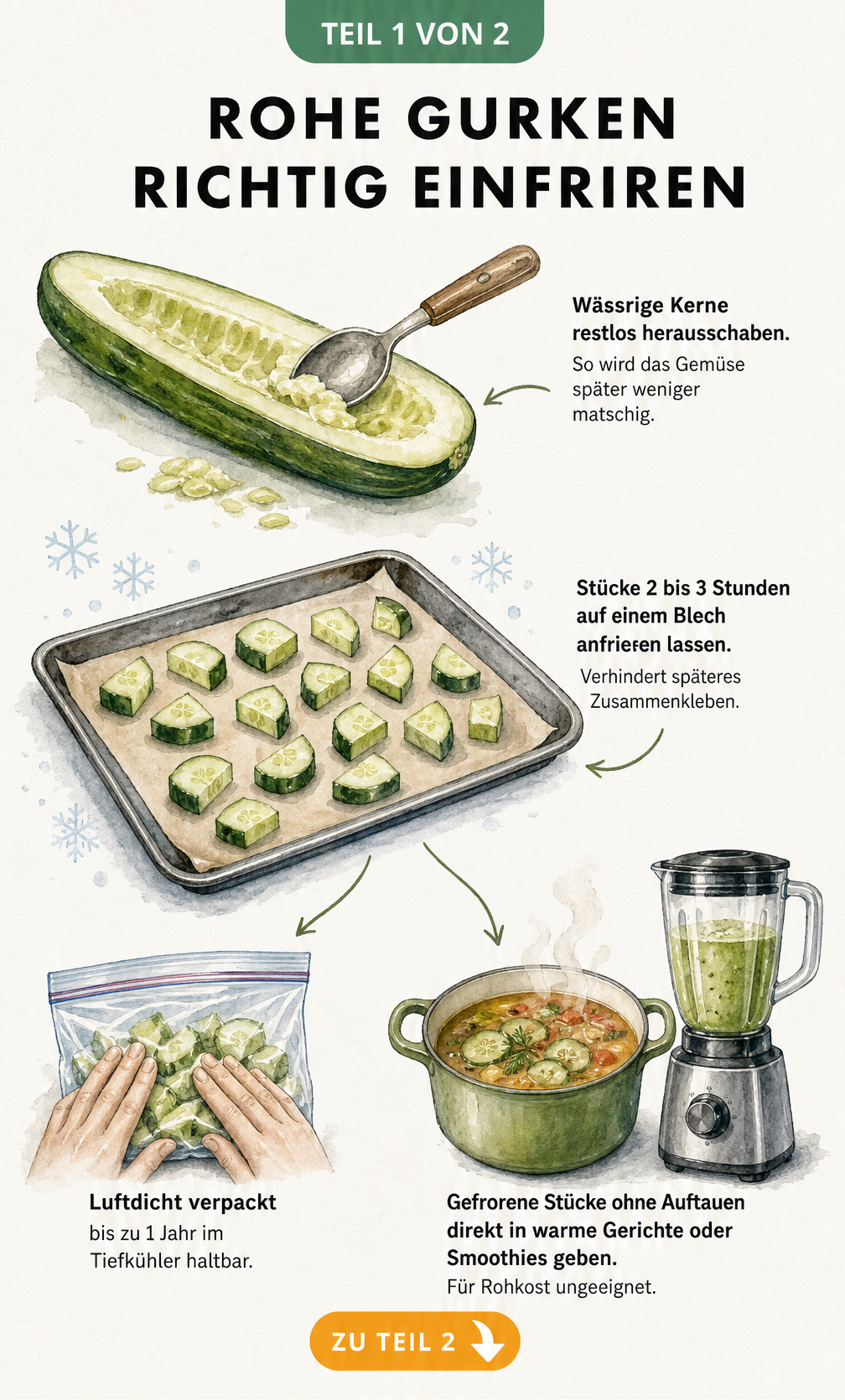 Illustration: Rohe Gurken richtig einfrieren, von der Vorbereitung bis zur Verwendung in Smoothies oder warmen Gerichten.