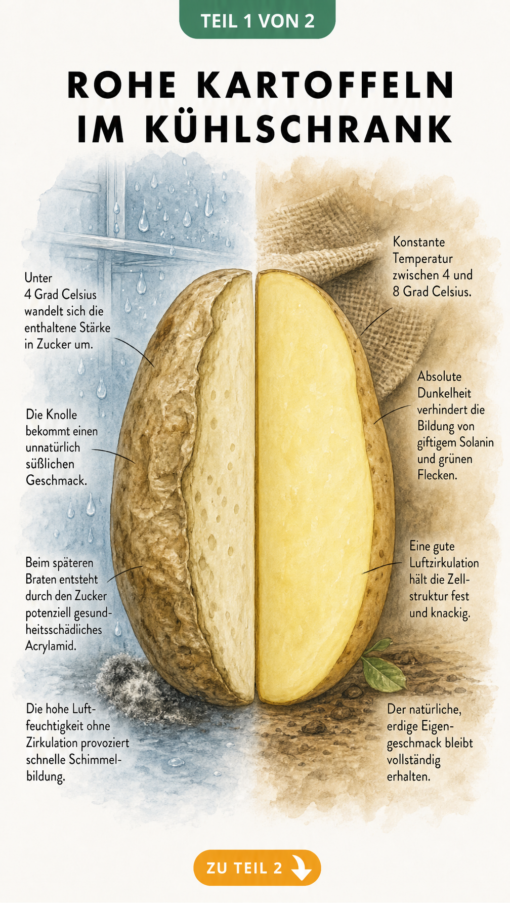 Illustration einer halbierten Kartoffel, die die Auswirkungen von Kühlschranklagerung und idealer Lagerung vergleicht