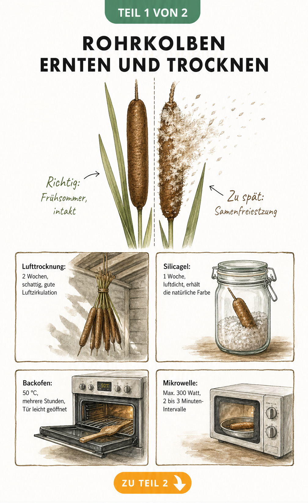 Illustration eines Rohrkolbens mit dem richtigen Erntezeitpunkt im Frühsommer und vier Trocknungsmethoden: Lufttrocknung, Silicagel, Backofen und Mikrowelle.