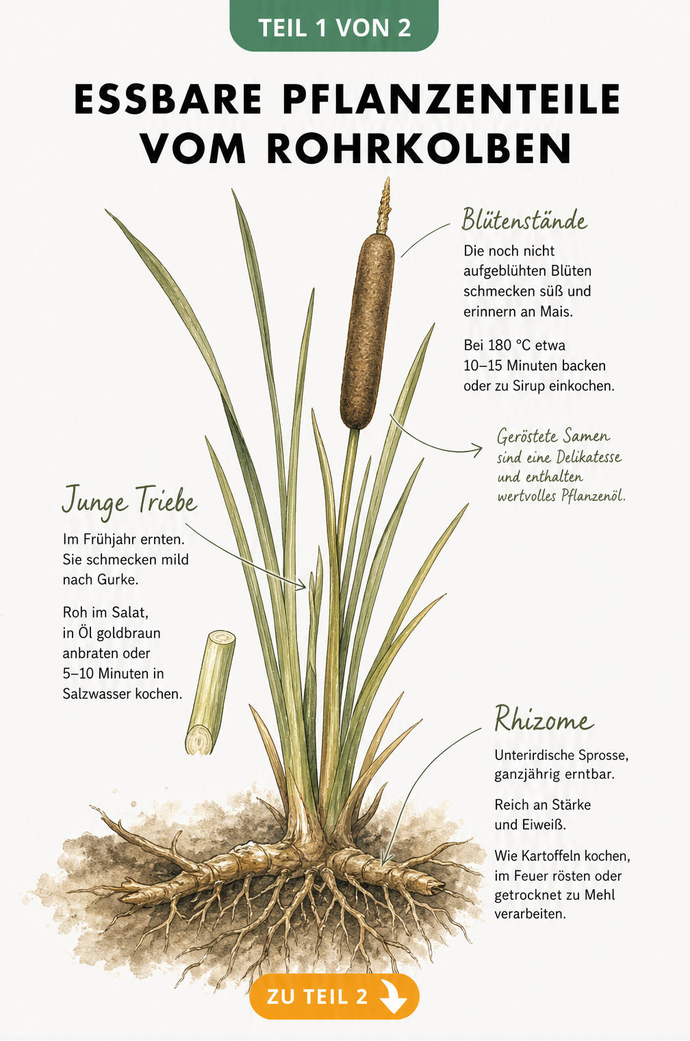 Botanische Illustration eines Rohrkolbens mit essbaren Pflanzenteilen wie Rhizomen, jungen Trieben und Blütenständen