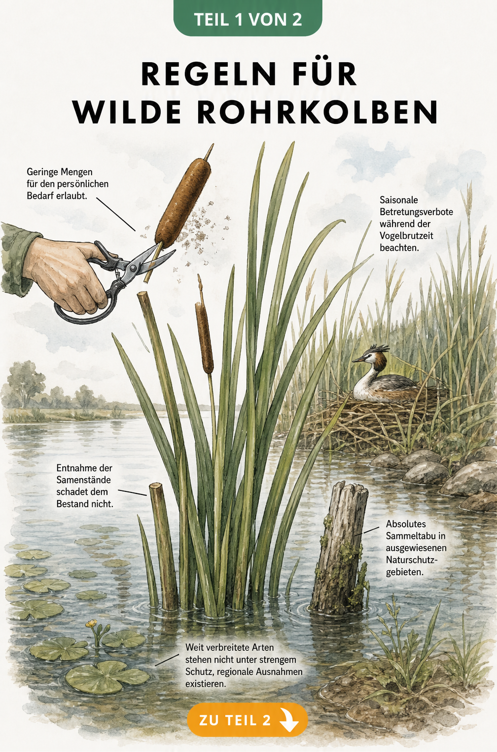 Illustration eines Breitblättrigen Rohrkolbens im Wasser mit Hinweisen zu Naturschutzregeln und Sammelerlaubnis