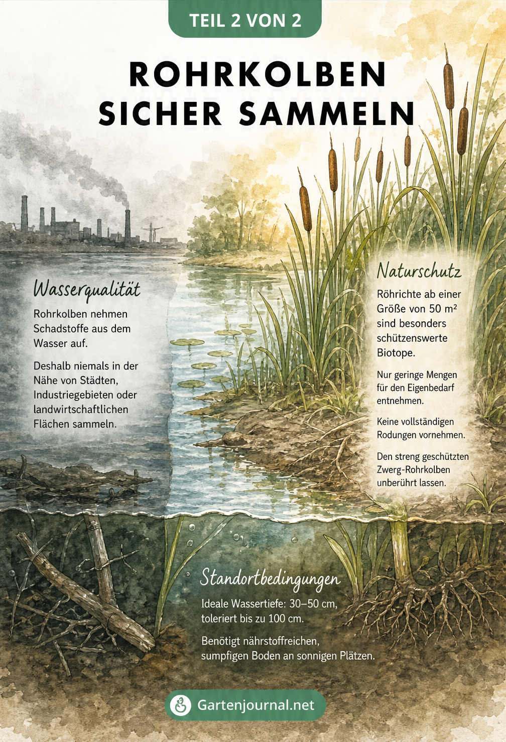 Aquarell-Illustration einer Uferlandschaft mit Rohrkolben, Wassertiefe und Hinweisen zu Wasserqualität und Naturschutz