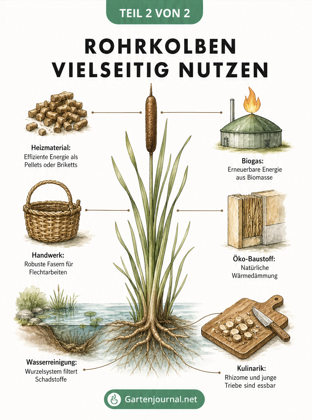 Botanische Lehrtafel, die die vielseitige Nutzung von Rohrkolben zeigt: Wasserreinigung, Kulinarik, Handwerk, Öko-Baustoff, Heizmaterial und Biogas.