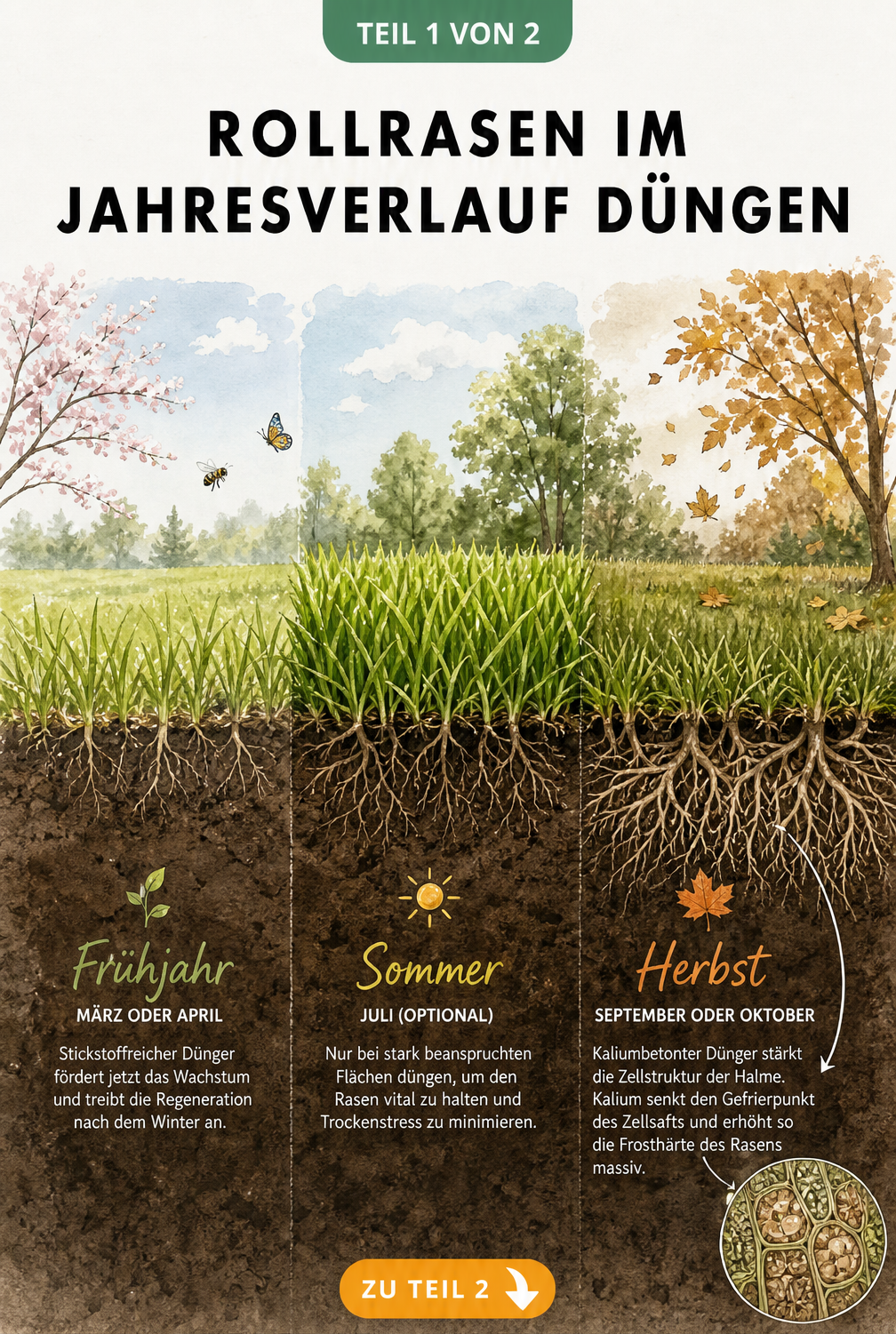 Querschnitt durch Erde und Rasen im Jahresverlauf mit Düngehinweisen für Frühjahr, Sommer und Herbst