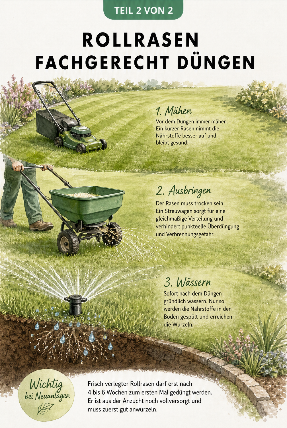 Gartenszene aus der Vogelperspektive mit gemähtem Rasen, Streuwagen und Rasensprenger