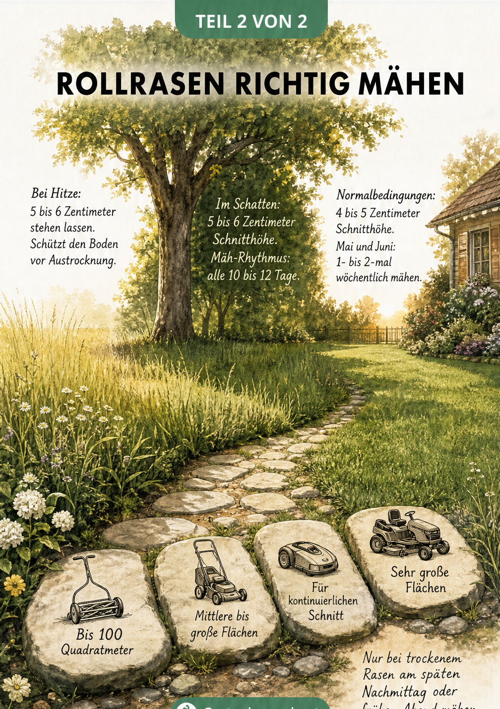 Illustration einer Gartenlandschaft, die die richtige Schnitthöhe für Rollrasen bei Hitze, im Schatten und unter Normalbedingungen sowie passende...