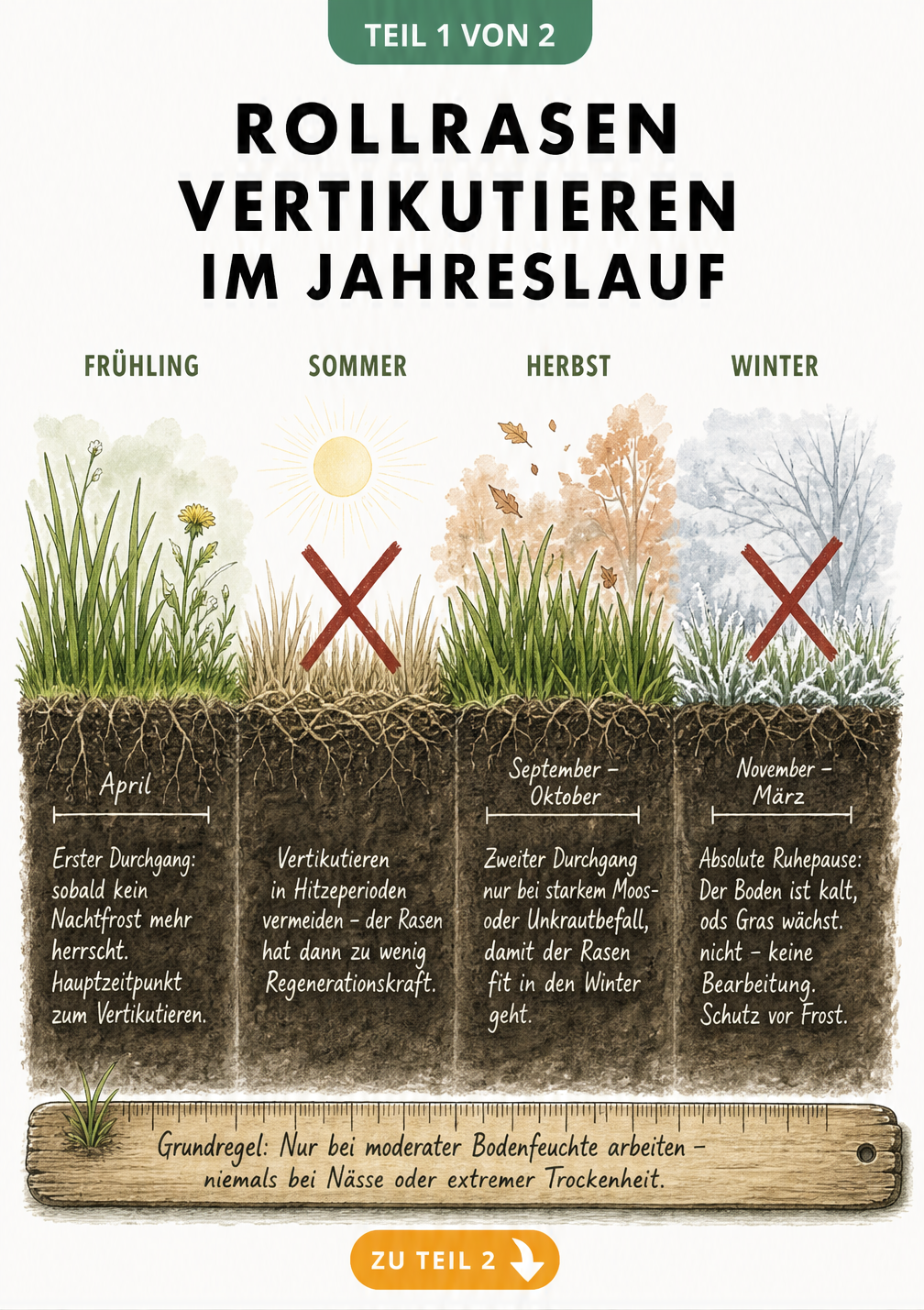 Querschnitt eines Rasenprofils im Jahreslauf, das die optimalen Zeiten zum Vertikutieren im Frühling und Herbst sowie die Ruhephasen im Sommer und Winter zeigt.