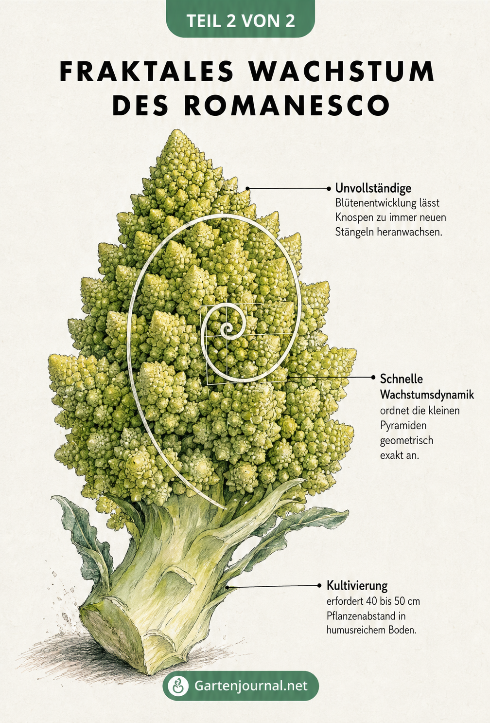 Makro-Zeichnung eines Romanesco-Röschens mit Fibonacci-Spirale