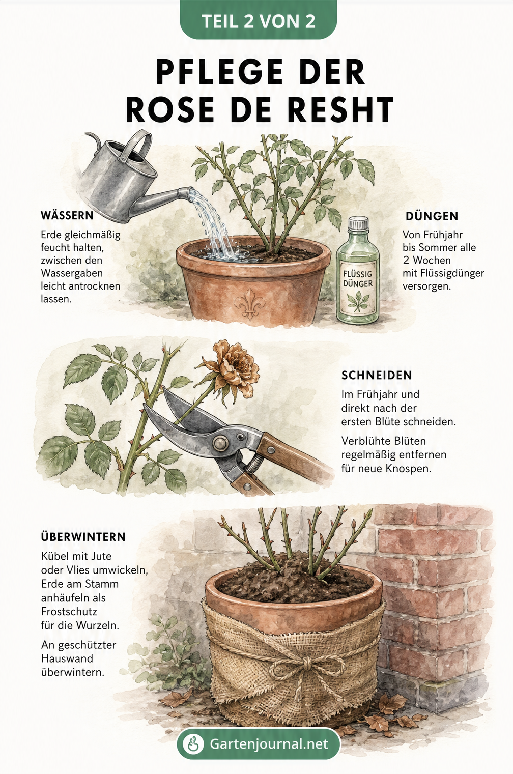 Illustrationen zur Pflege der Rose de Resht im Kübel: Gießen, Schneiden und Überwintern