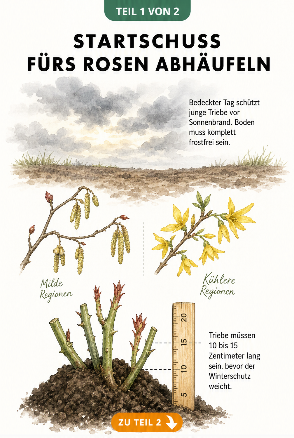 Botanische Illustration zeigt den richtigen Zeitpunkt zum Rosen abhäufeln mit Zeigerpflanzen wie Haselnuss und Forsythie sowie der optimalen Trieblänge.