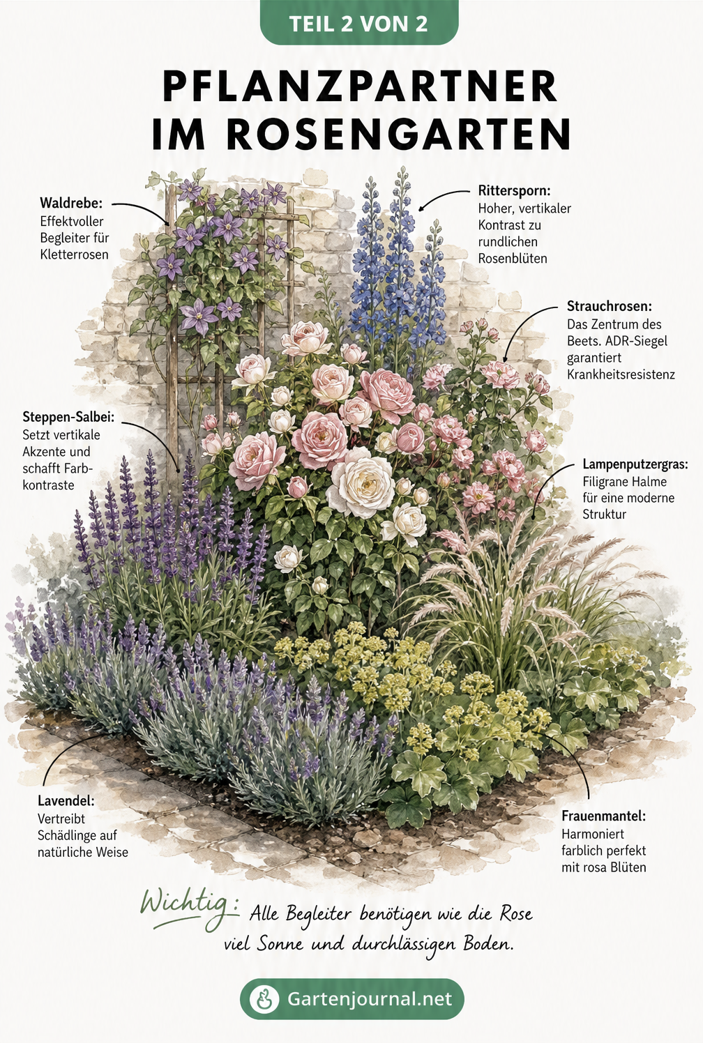 Aquarell-Illustration eines Rosenbeets mit passenden Begleitpflanzen wie Waldrebe, Rittersporn, Lavendel und Frauenmantel