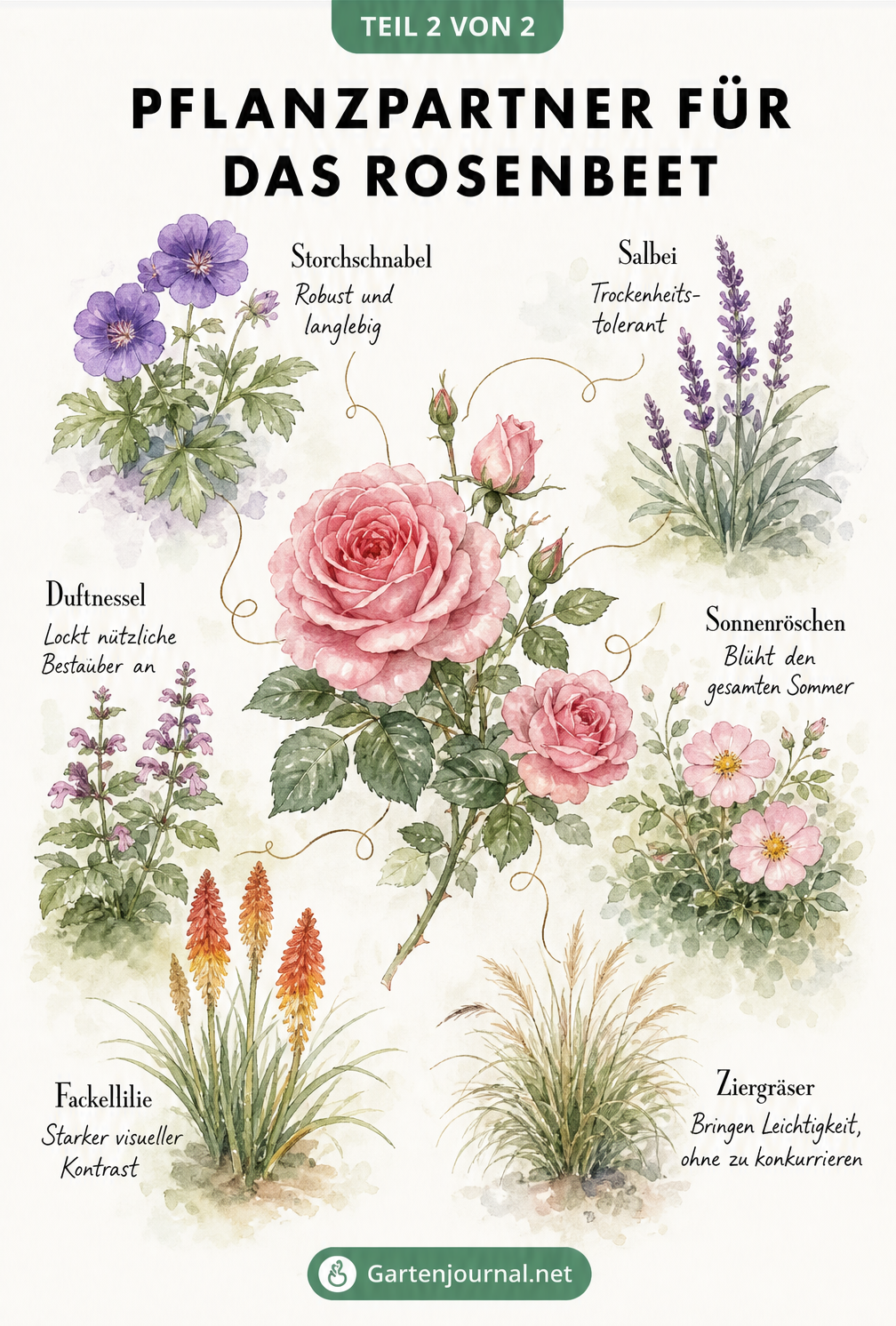 Aquarell-Illustration einer Rose mit sechs passenden Begleitpflanzen wie Storchschnabel, Salbei und Ziergräsern