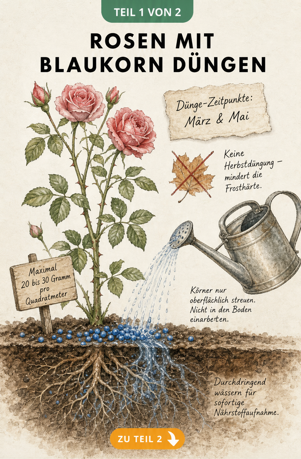 Illustration eines Rosenstocks mit Wurzeln, die zeigt, wie Blaukorn auf der Erde verteilt und eingewässert wird