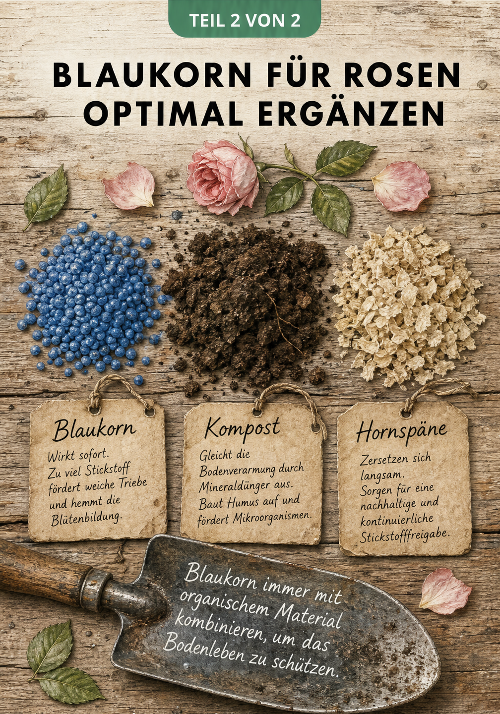 Draufsicht auf einen Holztisch mit Blaukorn, Kompost und Hornspänen sowie einer Gartenschaufel