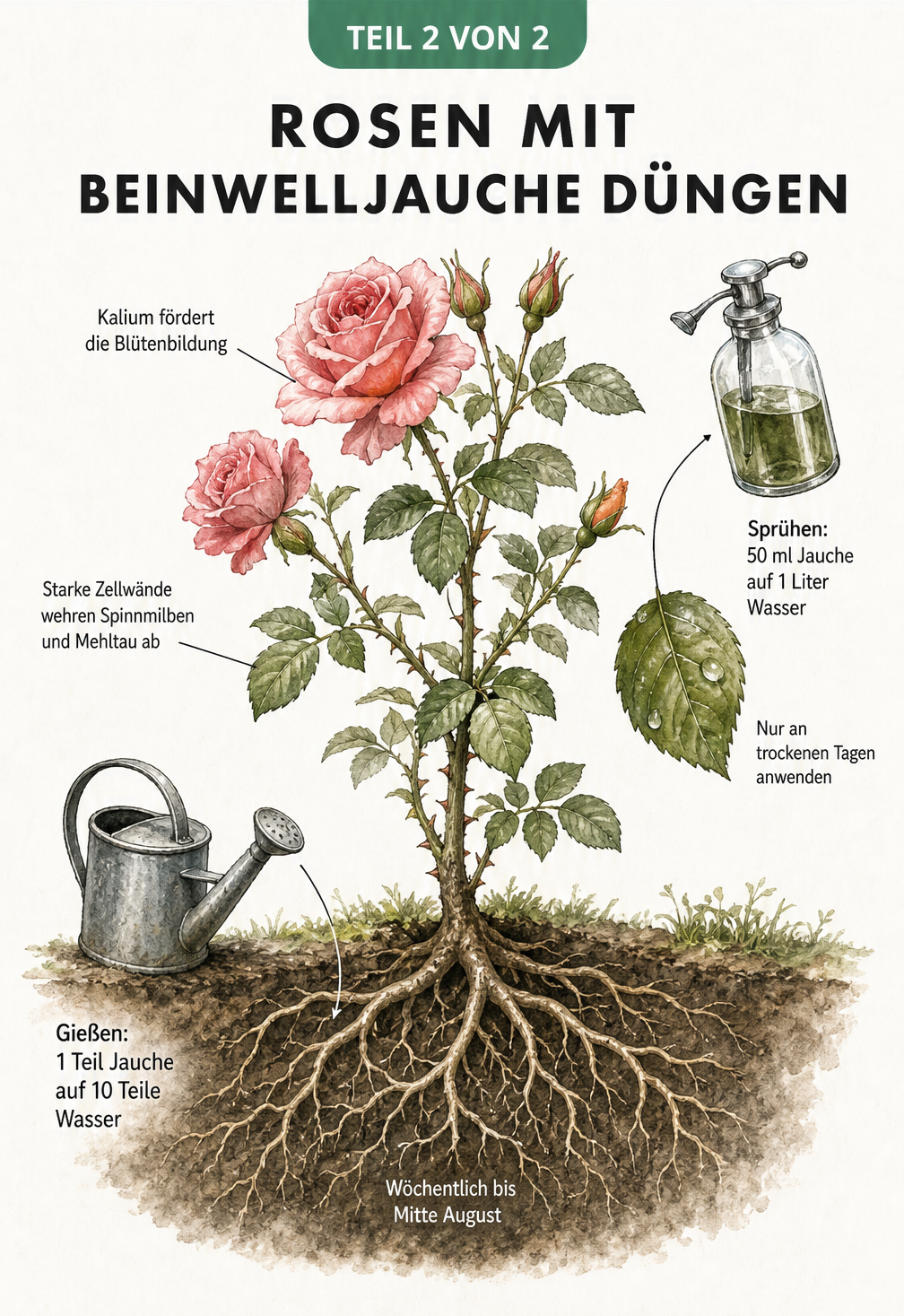 Querschnitt eines Rosenstrauchs, der die Anwendung von Beinwelljauche über Wurzeln und Blätter zeigt