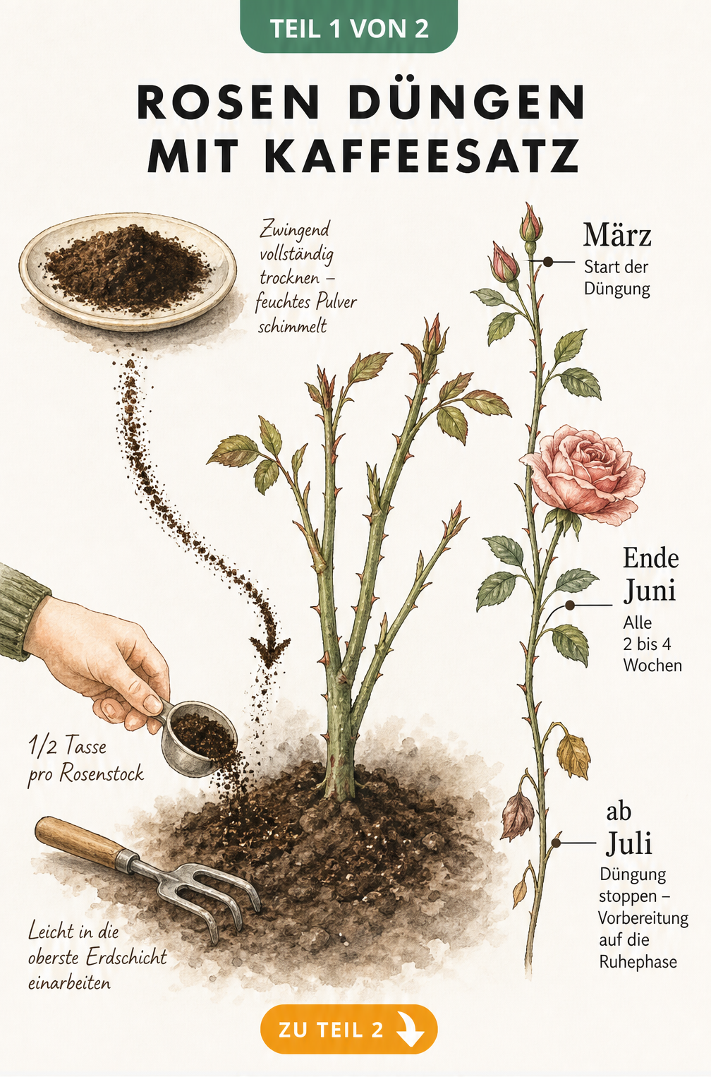 Illustration zur Anwendung von Kaffeesatz als Rosendünger mit Dosierung und Zeitstrahl