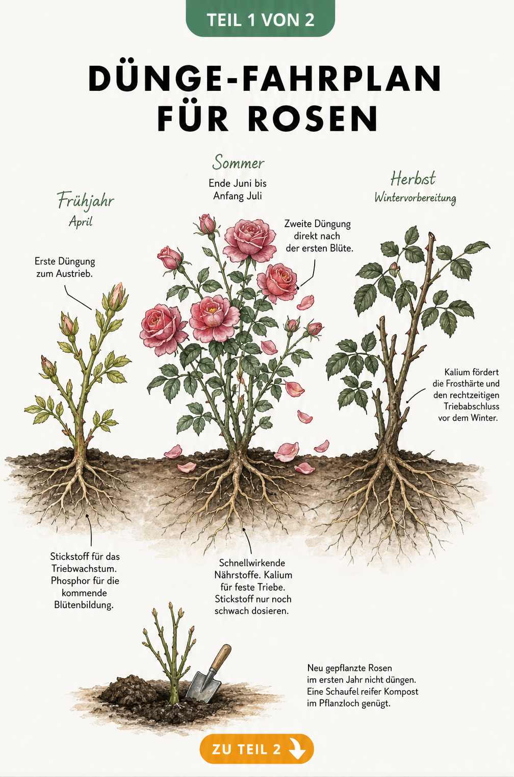 Botanische Illustration eines Rosenstrauchs, die den Dünge-Fahrplan vom Frühjahr bis zum Herbst mit den benötigten Nährstoffen wie Stickstoff, Phosphor und...