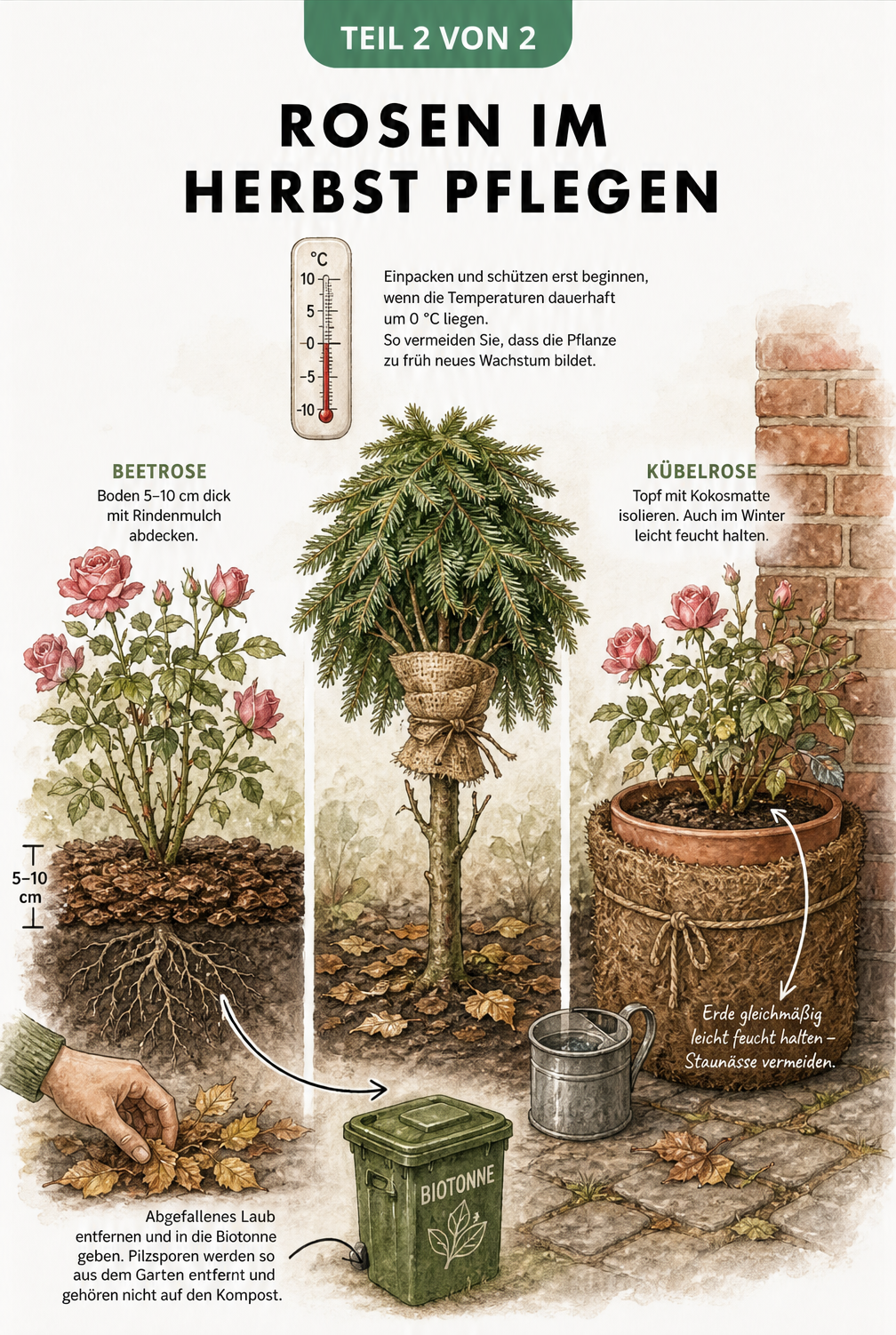 Illustration zur Herbstpflege von Rosen: Beetrose mit Rindenmulch, Stammrose mit Fichtenzweigen und Kübelrose an der Hauswand.