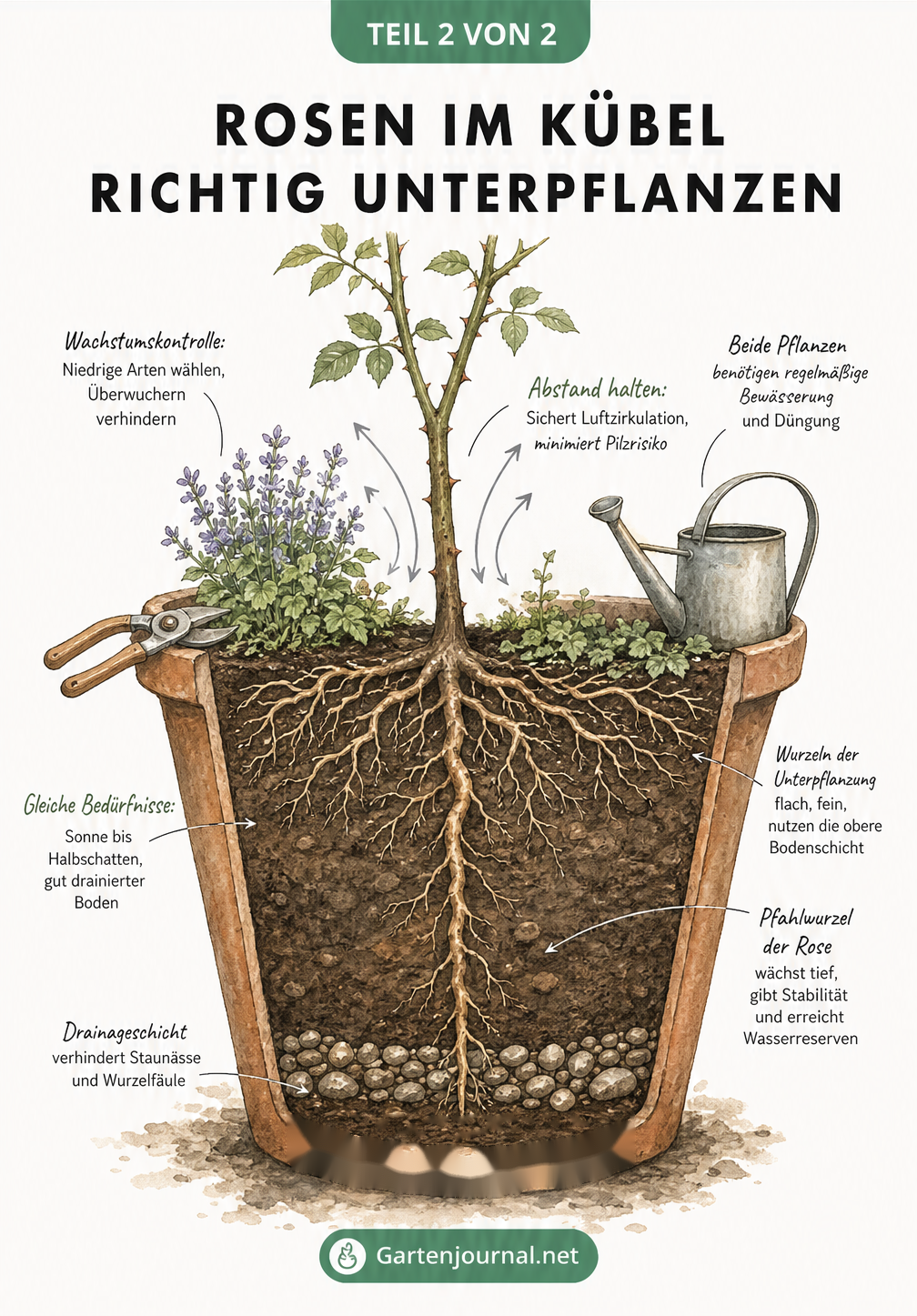Querschnitt eines Rosenkübels mit Darstellung von Wurzeln, Drainageschicht und Pflanzabstand