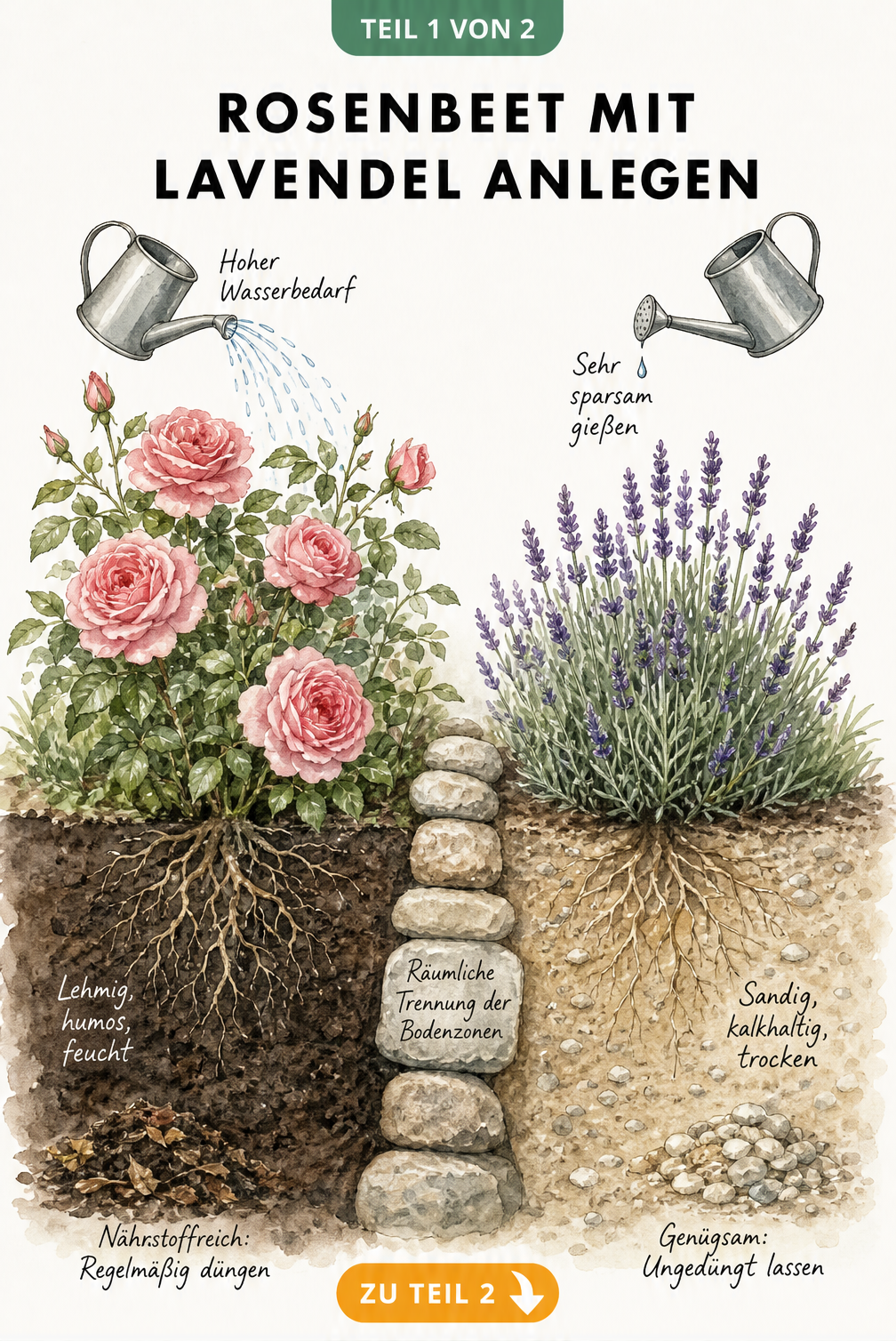 Querschnitt-Illustration eines Gartenbeetes mit Rose und Lavendel, die unterschiedliche Boden- und Wasserbedürfnisse zeigt