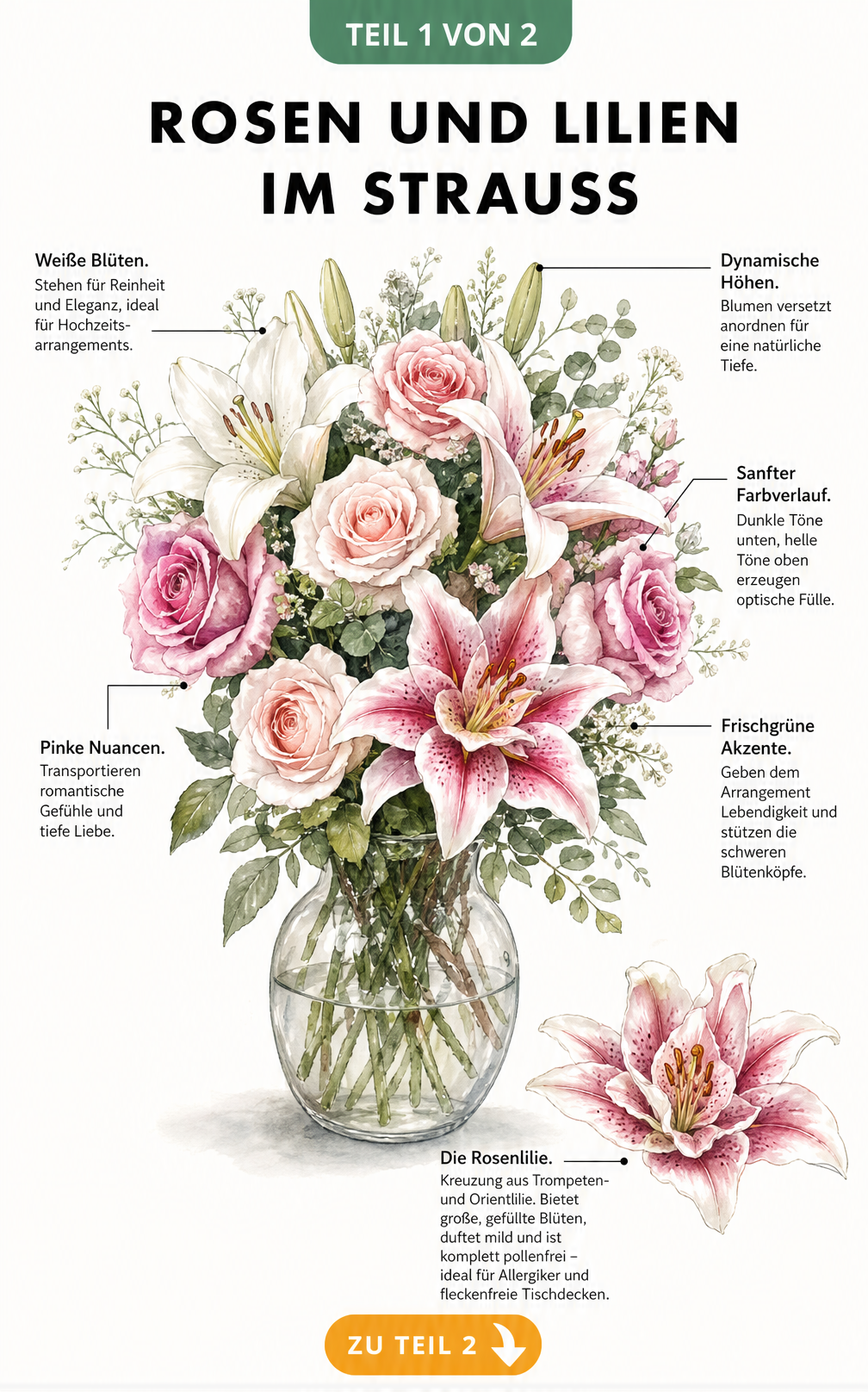 Aquarell-Illustration eines Blumenstraußes mit Rosen, Lilien und einer Rosenlilie in einer Glasvase, mit Erklärungen zu Farben und Aufbau.
