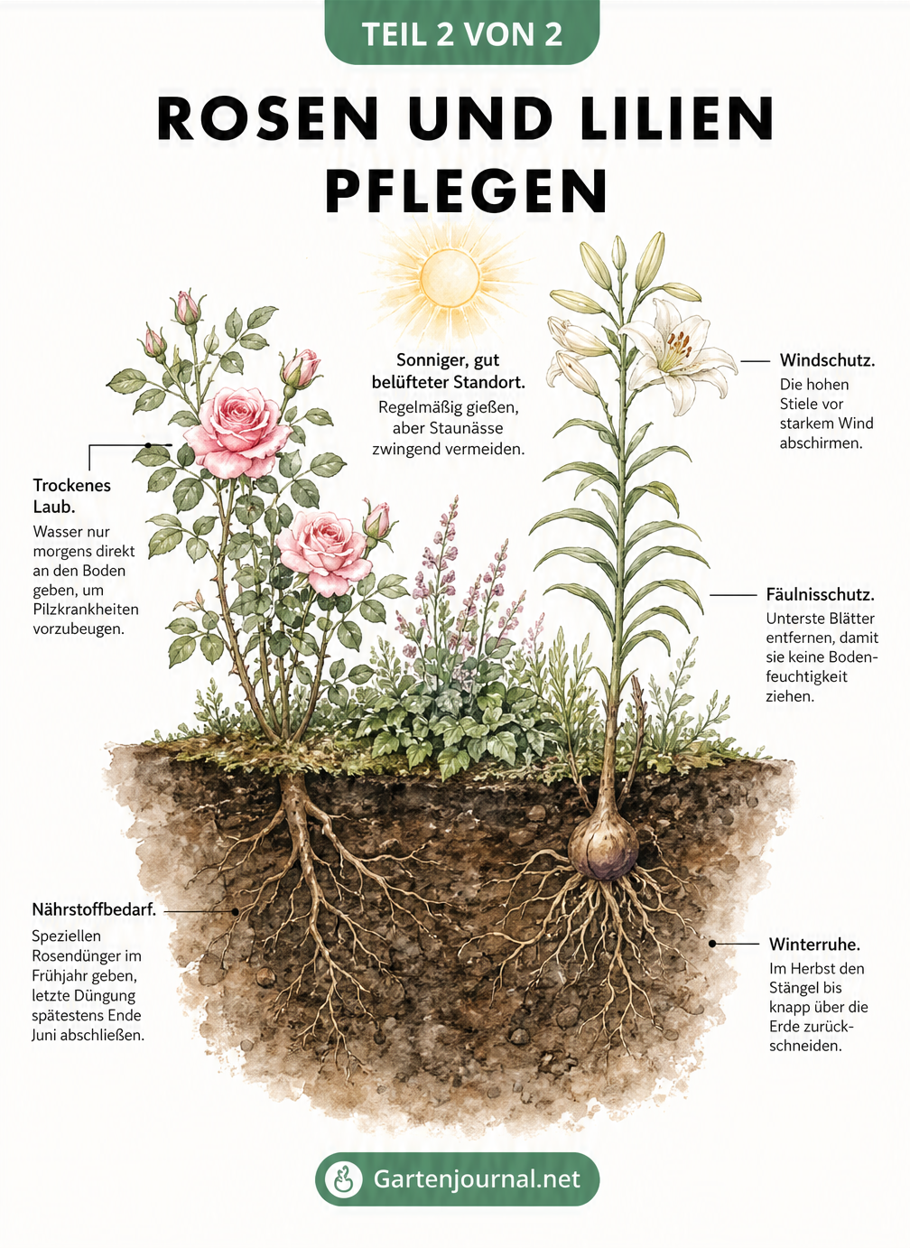 Querschnitt-Illustration eines Gartenbeets mit einem Rosenstrauch und einer Lilie, inklusive Pflegetipps zu Standort, Gießen und Düngen.