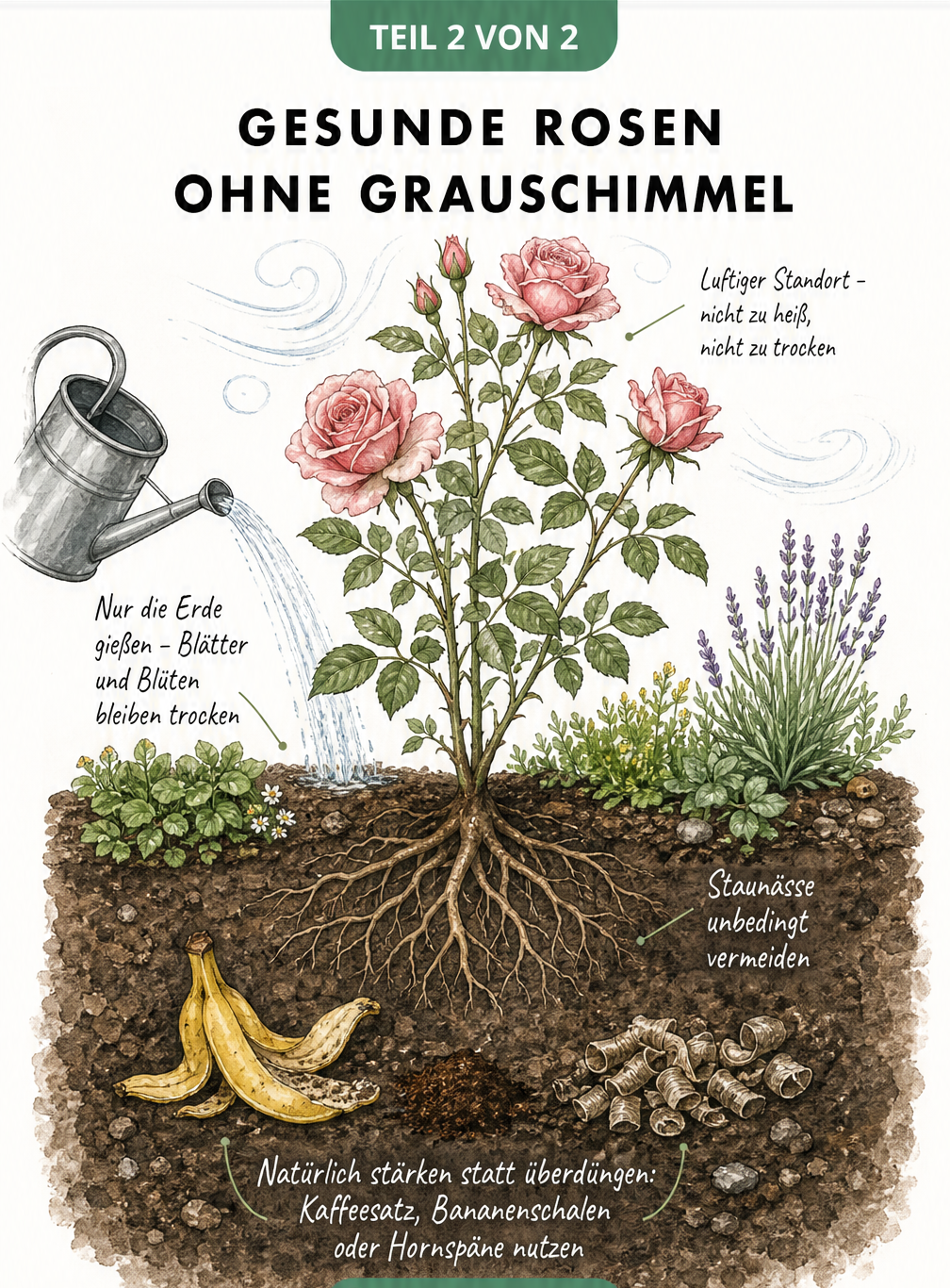Querschnitt durch ein Gartenbeet mit einer gesunden Rose, der den idealen luftigen Standort, richtiges Gießen nur auf die Erde und natürliche Düngung mit...