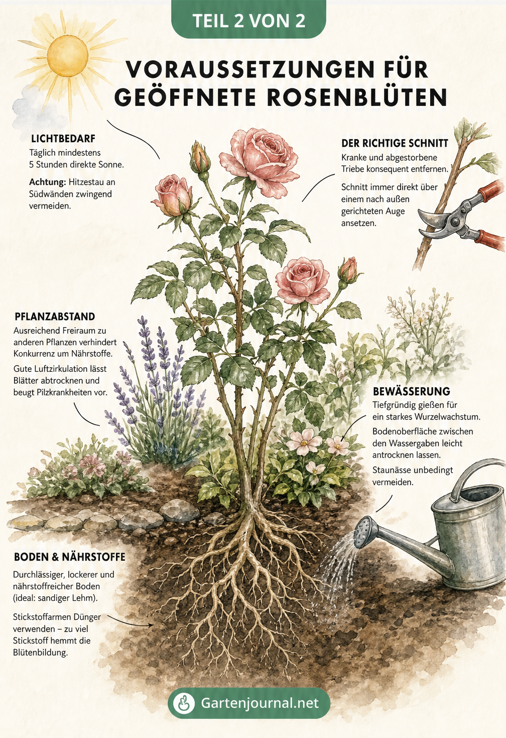 Querschnitt-Illustration eines gesunden Rosenstrauchs mit Wurzeln, die optimale Bedingungen wie Lichtbedarf, Schnitt, Pflanzabstand, Bewässerung und Boden...
