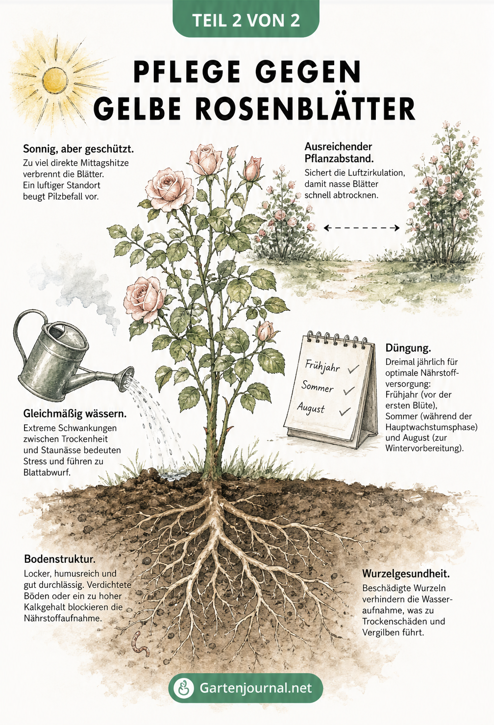 Querschnitt eines gesunden Rosenbusches mit Hinweisen zu optimalem Standort, richtigem Gießen, Düngung, Bodenstruktur und Wurzelgesundheit zur Vorbeugung...