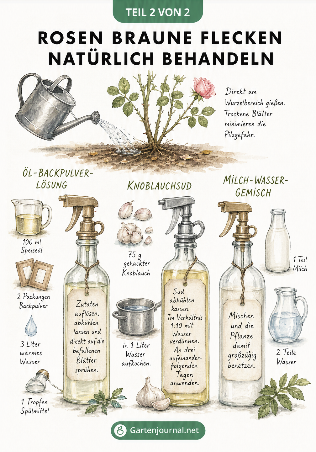 Illustration von drei Sprühflaschen mit natürlichen Hausmitteln gegen Pilzkrankheiten an Rosen
