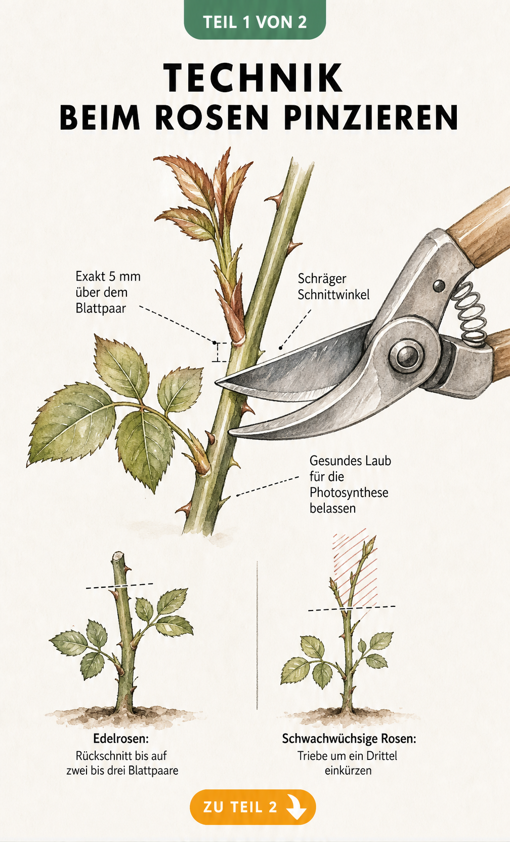 Illustration eines Rosentriebs im Querschnitt mit einer Gartenschere, die 5 mm über dem Blattpaar ansetzt.