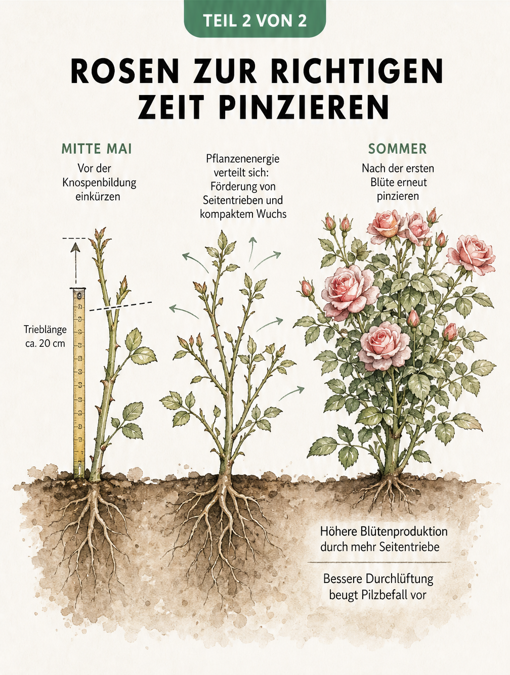 Illustration der Wachstumsphasen einer Rose von Mitte Mai bis zum Sommer nach dem Pinzieren.