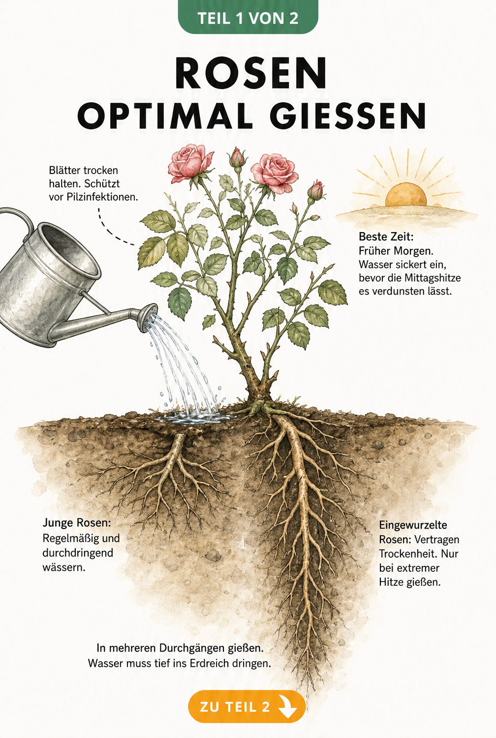 Botanische Illustration eines Rosenstocks im Querschnitt, die das richtige Gießen am Morgen und die Wurzelbildung zeigt