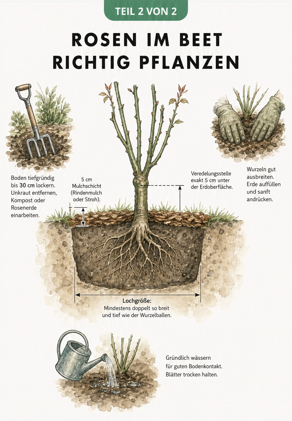 Querschnitt-Illustration eines Pflanzlochs für Rosen mit Maßangaben zur Lochgröße, Veredelungsstelle und Mulchschicht sowie Vignetten zur Bodenbereitung,...